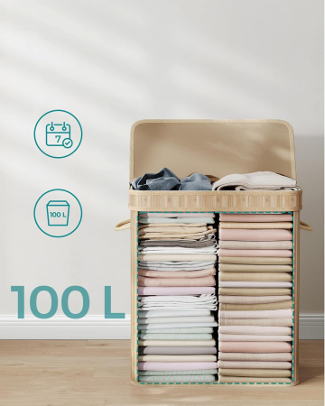 Cos rufe bambus cu capac 100L, sac interior detasabil lavabil, pliabil, manere laterale, 55x35x61 cm, bej natur [8]