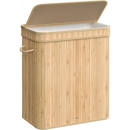 Baie - Cos rufe bambus cu capac 100L, sac interior detasabil lavabil, pliabil, manere laterale, 55x35x61 cm, bej natur