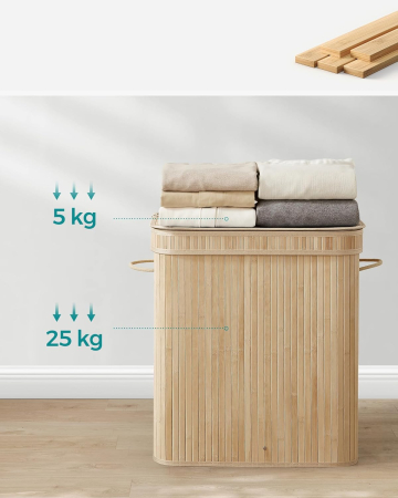 Cos rufe bambus cu capac 100L, sac interior detasabil lavabil, pliabil, manere laterale, 55x35x61 cm, bej natur [4]