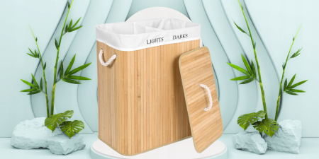 SONGMICS Cos de rufe din bambus cu capac, 2 compartimente, sac detasabil, volum 100L, 52x32x62cm, maro [12]