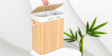 SONGMICS Cos de rufe din bambus cu capac, 2 compartimente, sac detasabil, volum 100L, 52x32x62cm, maro [11]