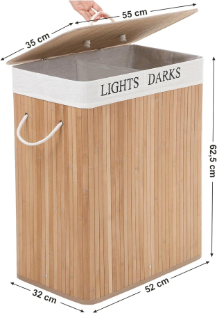 SONGMICS Cos de rufe din bambus cu capac, 2 compartimente, sac detasabil, volum 100L, 52x32x62cm, maro [3]