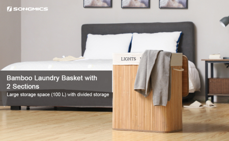 Cos de rufe din bambus cu capac, 2 compartimente, sac detasabil, volum 100L, 52x32x62cm, maro [6]