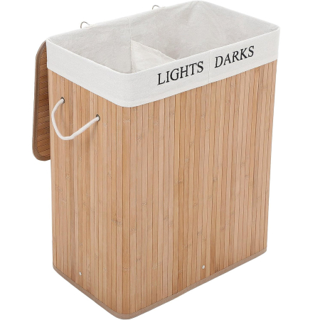 Decoratiuni si articole casa - SONGMICS Cos de rufe din bambus cu capac, 2 compartimente, sac detasabil, volum 100L, 52x32x62cm, maro