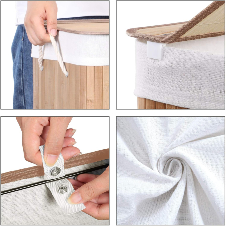 SONGMICS Cos de rufe din bambus cu capac, sac detasabil, volum 100L, 52x32x61 cm, maro [4]