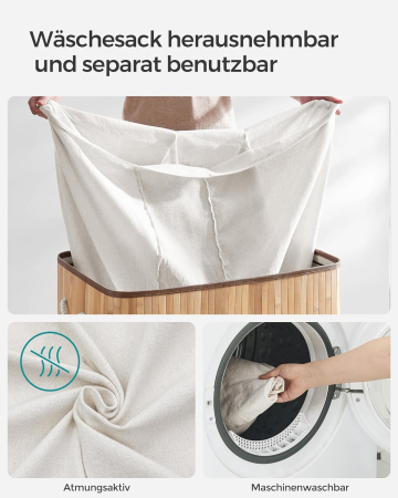 SONGMICS Cos de rufe din bambus, pliabil, cu captuseala detasabila lavabila, 3 compartimente, 150L, 60x40x60cm, natural [7]