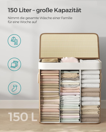 SONGMICS Cos de rufe din bambus, pliabil, cu captuseala detasabila lavabila, 3 compartimente, 150L, 60x40x60cm, natural [4]
