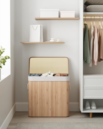 SONGMICS Cos de rufe din bambus, pliabil, cu captuseala detasabila lavabila, 3 compartimente, 150L, 60x40x60cm, natural [9]