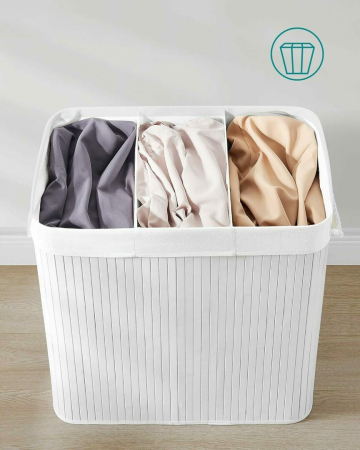 Cos de rufe din bambus, pliabil, cu captuseala detasabila lavabila, 3 compartimente, 150L, 60x40x62cm, alb [5]