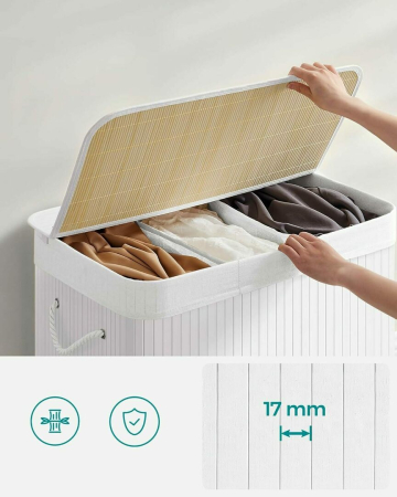 Cos de rufe din bambus, pliabil, cu captuseala detasabila lavabila, 3 compartimente, 150L, 60x40x62cm, alb [6]