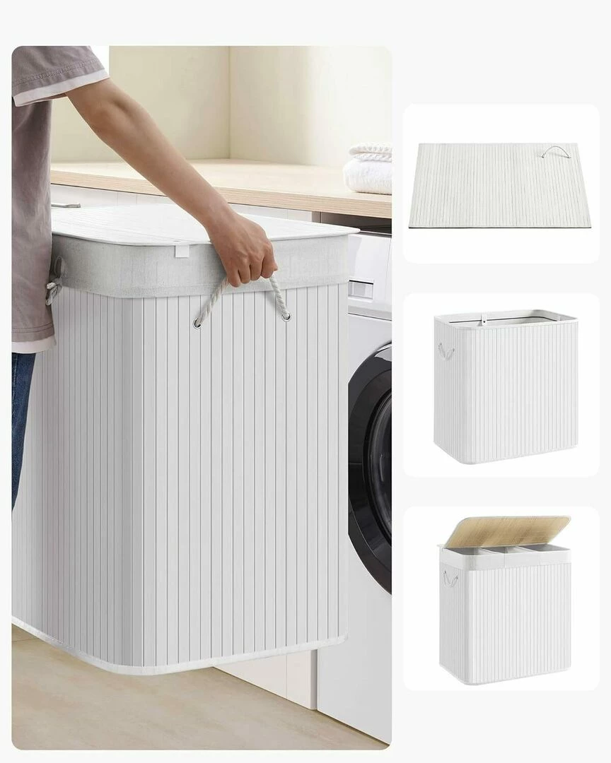 Cos de rufe din bambus, pliabil, cu captuseala detasabila lavabila, 3 compartimente, 150L, 60x40x62cm, alb [4]
