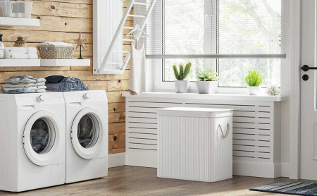 Cos de rufe din bambus, pliabil, cu captuseala detasabila lavabila, 3 compartimente, 150L, 60x40x62cm, alb [10]