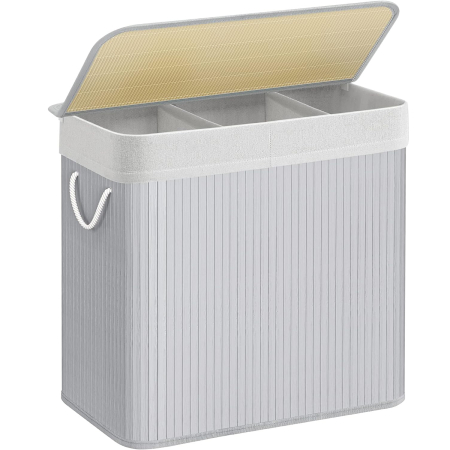 Baie - SONGMICS Cos de rufe din bambus, pliabil, cu captuseala detasabila lavabila, 3 compartimente, 150L, 60x40x62cm, gri