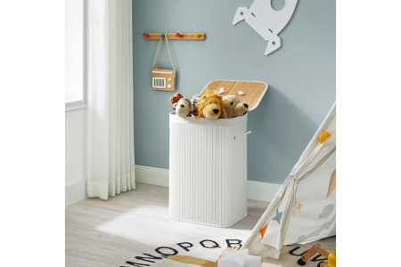 SONGMICS Cos de rufe din bambus, pliabil, cu captuseala detasabila lavabila, 72L, 40x30x60cm, alb [8]