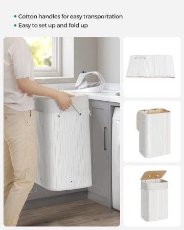 SONGMICS Cos de rufe din bambus, pliabil, cu captuseala detasabila lavabila, 72L, 40x30x60cm, alb [5]
