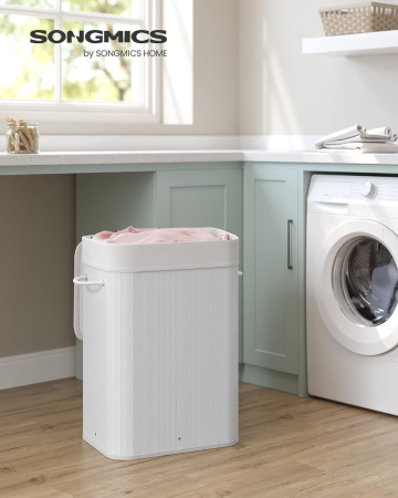 SONGMICS Cos de rufe din bambus, pliabil, cu captuseala detasabila lavabila, 72L, 40x30x60cm, alb [2]