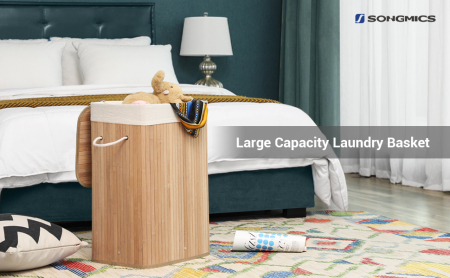 SONGMICS Cos de rufe din bambus, pliabil, cu captuseala detasabila lavabila, 72L, 40x30x60cm, natural [8]