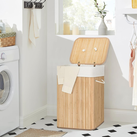 SONGMICS Cos de rufe din bambus, pliabil, cu captuseala detasabila lavabila, 72L, 40x30x60cm, natural [2]