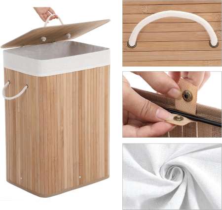 SONGMICS Cos de rufe din bambus, pliabil, cu captuseala detasabila lavabila, 72L, 40x30x60cm, natural [7]