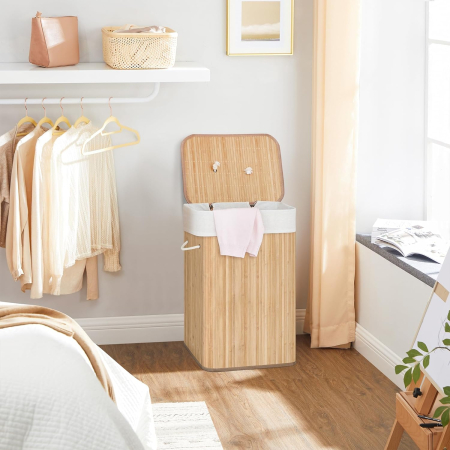 SONGMICS Cos de rufe din bambus, pliabil, cu captuseala detasabila lavabila, 72L, 40x30x60cm, natural [1]