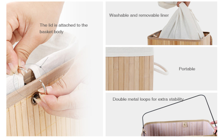 SONGMICS Cos de rufe din bambus, pliabil, cu captuseala detasabila lavabila, 72L, 40x30x60cm, natural [9]