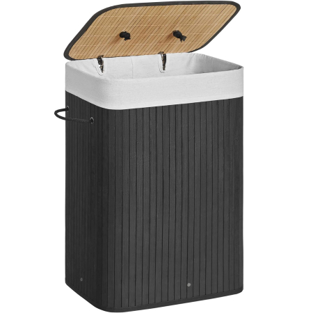 Baie - SONGMICS Cos de rufe din bambus, pliabil, cu captuseala detasabila lavabila, 72L, 40x30x60cm, negru