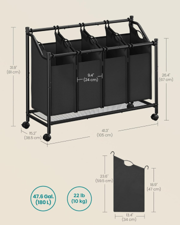 Cos de rufe mobil cu 4 saci detasabili cu manere, 180 litri, cadru metalic, 105x39x81 cm, negru [6]