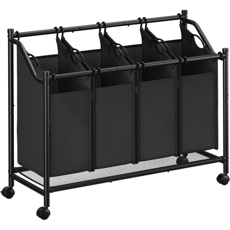 Baie - Cos de rufe mobil cu 4 saci detasabili cu manere, 180 litri, cadru metalic, 105x39x81 cm, negru