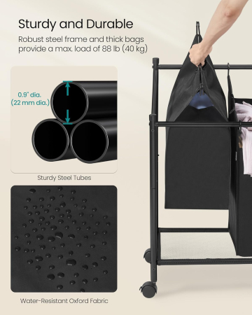 Cos de rufe mobil cu 4 saci detasabili cu manere, 180 litri, cadru metalic, 105x39x81 cm, negru [5]
