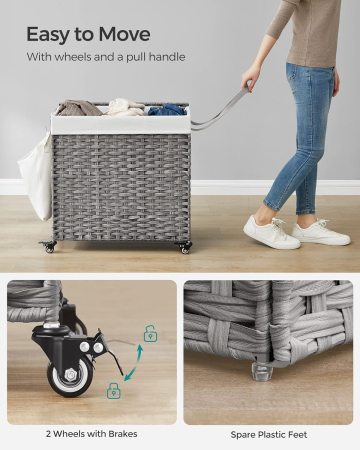 SONGMICS Cos de rufe tesut manual, cu captuseala detasabila lavabila, 3 compartimente, stil ratan, 140 litri, 66x33x60 cm, gri [3]