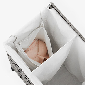 SONGMICS Cos de rufe tesut manual, cu captuseala detasabila lavabila, 3 compartimente, stil ratan, 140 litri, 66x33x60 cm, gri [12]