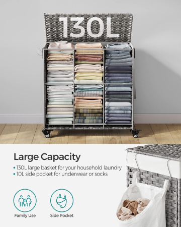 SONGMICS Cos de rufe tesut manual, cu captuseala detasabila lavabila, 3 compartimente, stil ratan, 140 litri, 66x33x60 cm, gri [5]