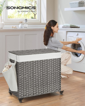 SONGMICS Cos de rufe tesut manual, cu captuseala detasabila lavabila, 3 compartimente, stil ratan, 140 litri, 66x33x60 cm, gri [1]
