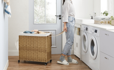 Cos de rufe tesut manual, cu captuseala detasabila lavabila, 3 compartimente, stil ratan, 140 litri, 66x33x60 cm, maro [1]