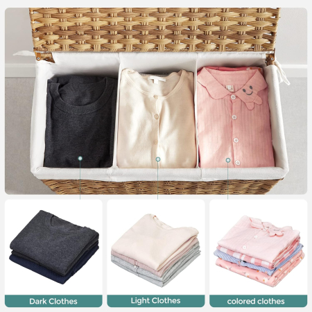 Cos de rufe tesut manual, cu captuseala detasabila lavabila, 3 compartimente, stil ratan, 140 litri, 66x33x60 cm, maro [5]