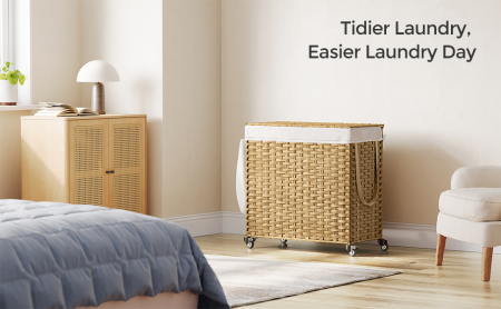 Cos de rufe tesut manual, cu captuseala detasabila lavabila, 3 compartimente, stil ratan, 140 litri, 66x33x60 cm, maro [16]