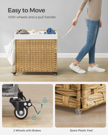 Cos de rufe tesut manual, cu captuseala detasabila lavabila, 3 compartimente, stil ratan, 140 litri, 66x33x60 cm, maro [11]