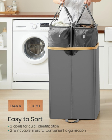 Cos de rufe textil cu 2 compartimente si capac, saci detasabili, 150 L, 52x39x75 cm, gri [2]