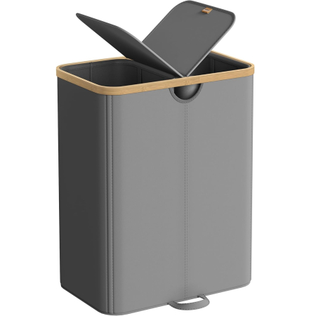 Accesorii baie - Cos de rufe textil cu 2 compartimente si capac, saci detasabili, 150 L, 52x39x75 cm, gri