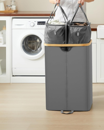 Cos de rufe textil cu 2 compartimente si capac, saci detasabili, 150 L, 52x39x75 cm, gri [1]