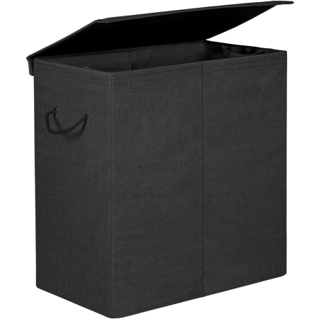 Decoratiuni si articole casa - SONGMICS Cos de rufe textil, pliabil, 2 compartimente, saci detasabili, 142L, 60x36x66cm, negru