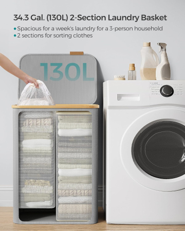 Cos de rufe textil, pliabil, cu 2 compartimente detasabile, 130L, 52x39x71 cm, gri [3]