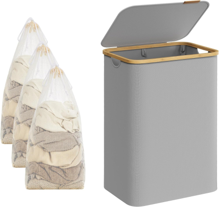 SONGMICS Cos de rufe textil, pliabil, cu 2 compartimente detasabile, 130L, 52x39x71 cm, gri [1]