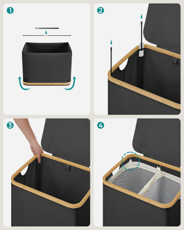 Cos de rufe textil, pliabil, cu 2 compartimente detasabile, 130L, 52x39x71 cm, negru [8]