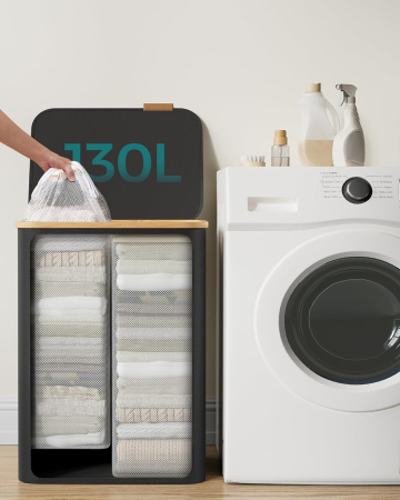 Cos de rufe textil, pliabil, cu 2 compartimente detasabile, 130L, 52x39x71 cm, negru [3]