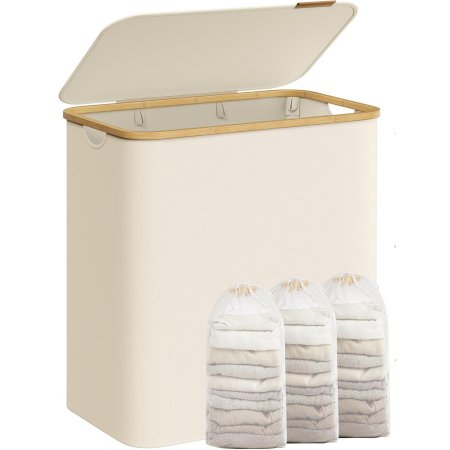 Baie - Cos de rufe textil, pliabil, cu 3 compartimente detasabile, 150L, 60x39x71 cm, crem