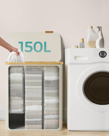 Cos de rufe textil, pliabil, cu 3 compartimente detasabile, 150L, 60x39x71 cm, crem [4]
