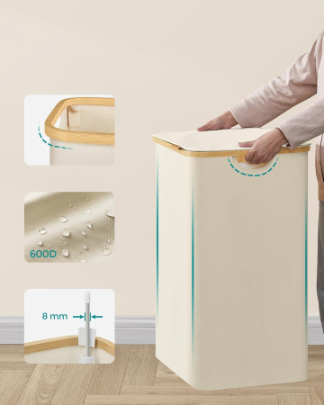 Cos de rufe textil, pliabil, cu 3 compartimente detasabile, 150L, 60x39x71 cm, crem [6]