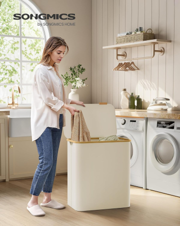 Cos de rufe textil, pliabil, cu 3 compartimente detasabile, 150L, 60x39x71 cm, crem [5]