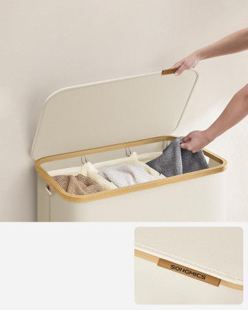 Cos de rufe textil, pliabil, cu 3 compartimente detasabile, 150L, 60x39x71 cm, crem [7]